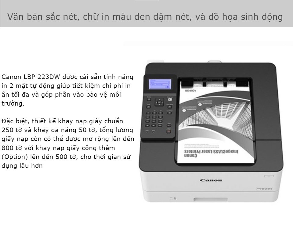 Máy in Canon LBP 223DW mới 100% tại Hải Dương, bảo hành 12 tháng, tốc độ in 33 trang/phút, in đảo mặt tự động, in wifi tiện lợi.